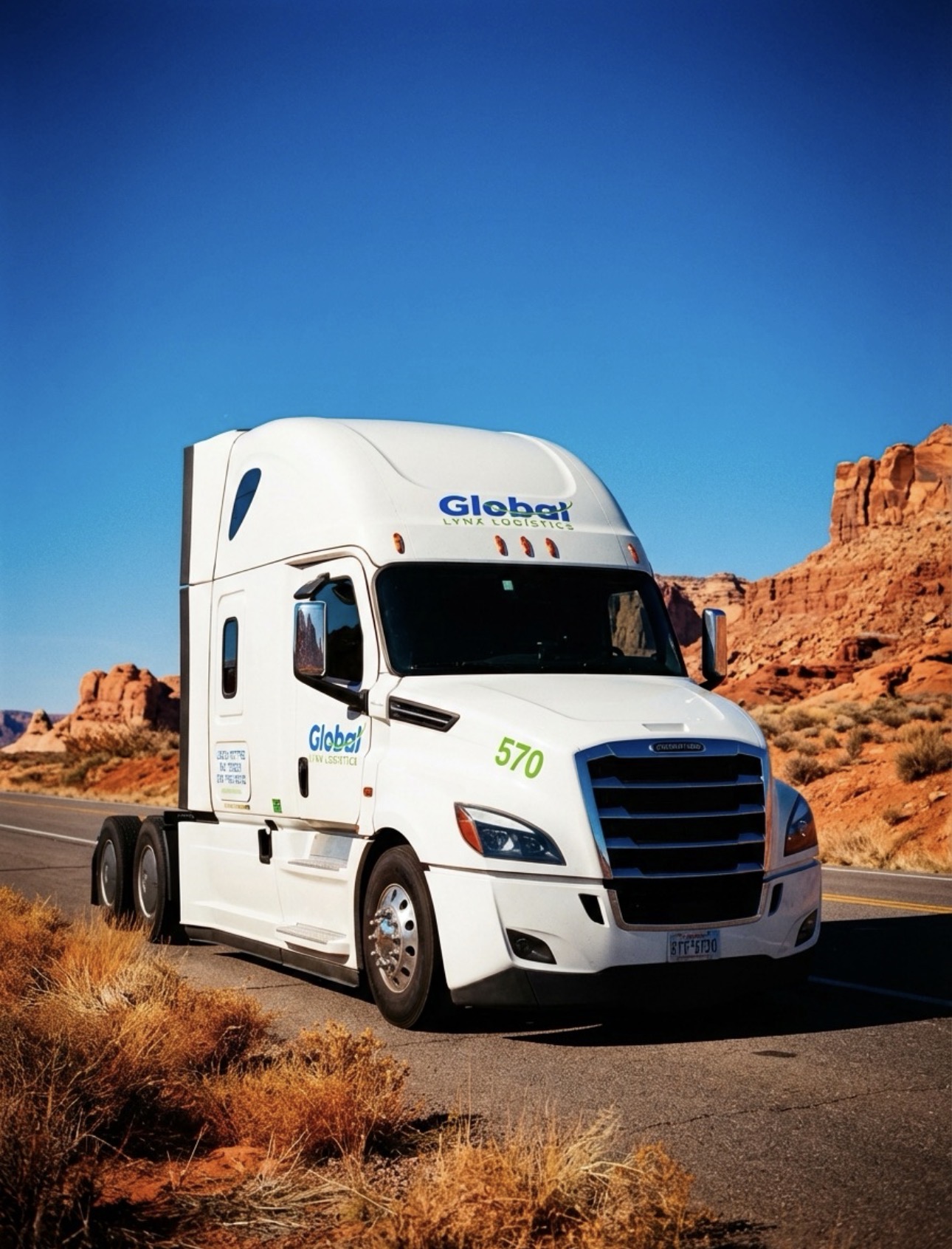 Global Lynx Logistics Freightliner semi truck on a desert highway